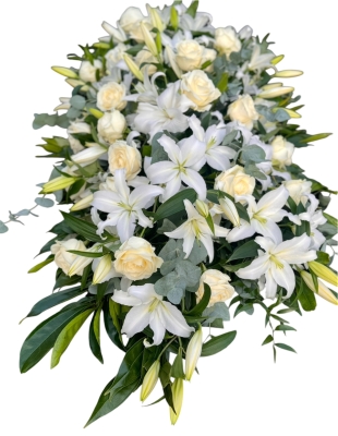 All in White Oriental Lilly and Rose Coffin Spray